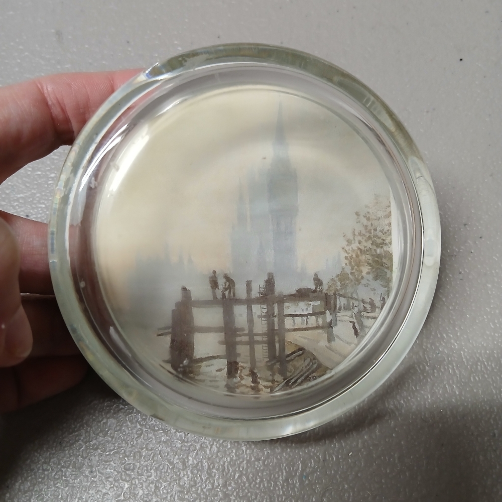Vintage Glass Paperweight w/ Painting Claude Monet The Thames Below Westminster
